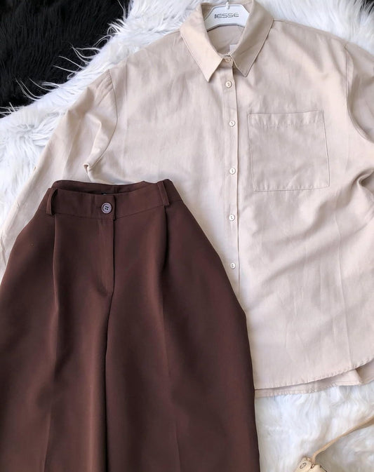Beige Button Down Shirt With brown Formal Pants